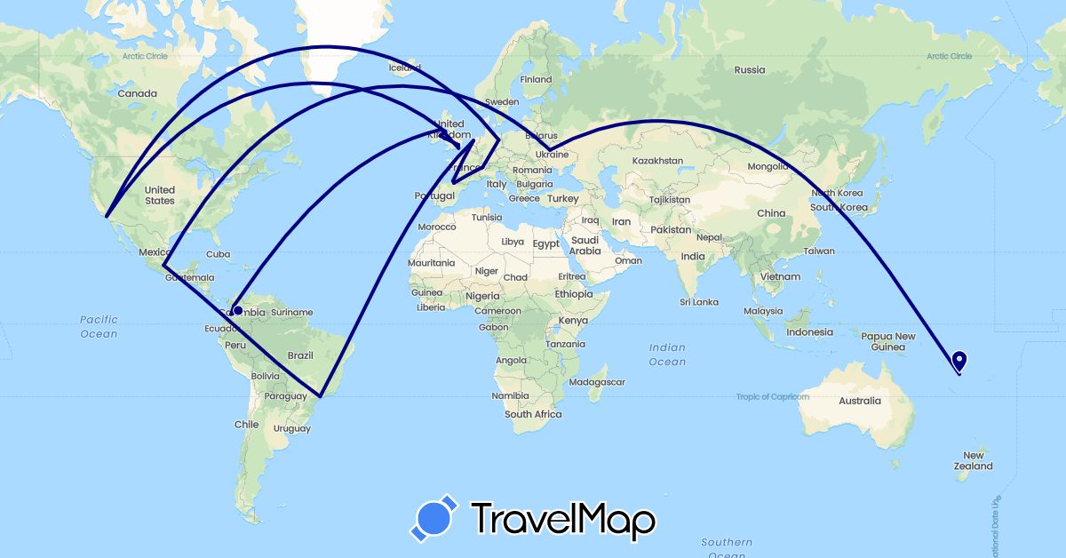 TravelMap itinerary: driving in Brazil, Switzerland, Colombia, Germany, Spain, United Kingdom, Ireland, Isle of Man, Mexico, Netherlands, Ukraine, United States, Vanuatu (Europe, North America, Oceania, South America)